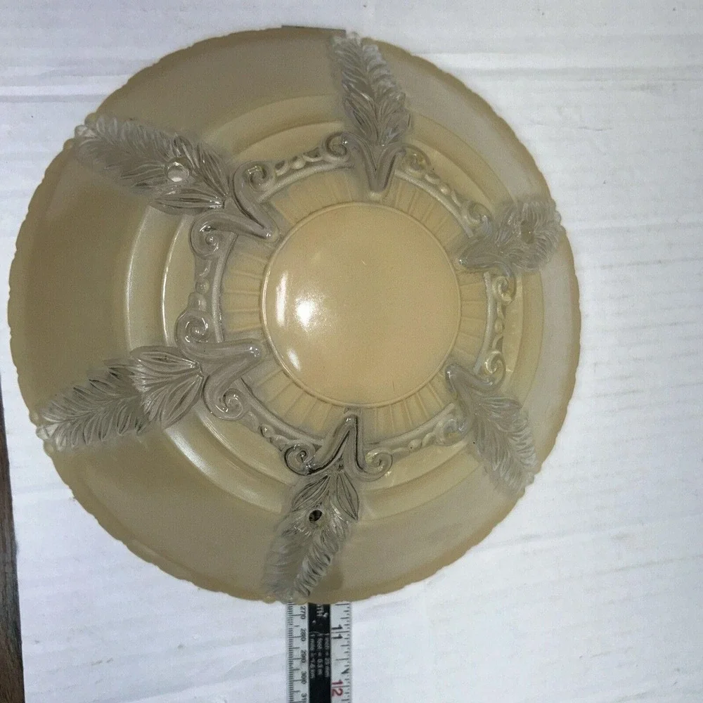 Vintage Art Deco Amber Frosted Glass Ceiling Light Shade 3 Hole Feather 11.5 in‎